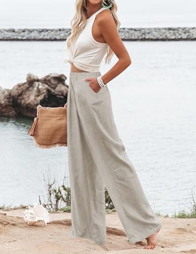 Hooever Womens Cotton Linen Pants Casual Button Up High Waisted Wide Leg Trousers2