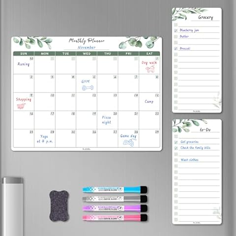 ALEZEL Magnetic Dry Erase Calendar for Fridge, Refrigerator Calendar Whiteboard Set - Magnetic Dry Erase Monthly Planner with 2 List Boards, 4 Markers + Eraser, Greenery Cover