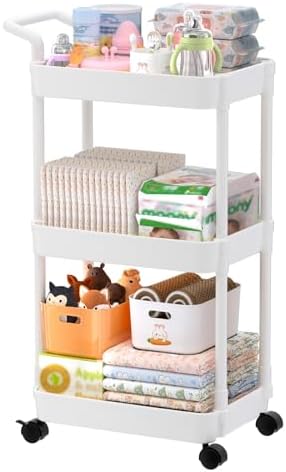 Volnamal Baby Diaper Caddy, Plastic Movable Cart for Newborn Nursery Essentials Diaper Storage Organizer for Changing Table & Crib, Easy to Assemble, Baby Registry, Off-White