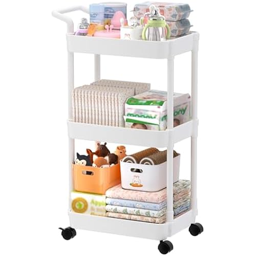 Volnamal Diaper Caddy, 3 Tier Rolling Cart for Baby Essentials, Off-White