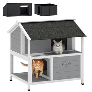 PawHut Katzenhaus aus Holz, Isolierte Katzenh&ouml;hle mit zu &ouml;ffnendem Dach, herausnehmbarem Kissen, wetterfest Katzenh&uuml;tte Katzenkiste Katzenbox f&uuml;r Drau&szlig;en, 80 x 93 x 95 cm, Grau