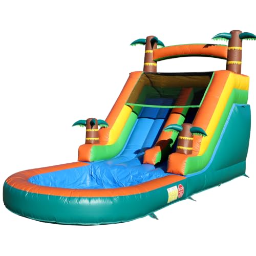 Image of 21FT Inflatable Water Slide for Kids & Adults - Palm Tree 21x9x12 FT Commercial PVC Single Lane Blow Up Giant Pool Slide with 950W Blower, Wet/Dry Heavy Duty Backyard Slide, Supports 500lbs