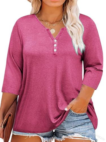 Fisoew Blusa de Tallas Grandes para Mujer, Manga 3/4, Cuello en V Profundo, Camiseta con botón, túnica de Gran tamaño, Rojo Oscuro, XXL Grande