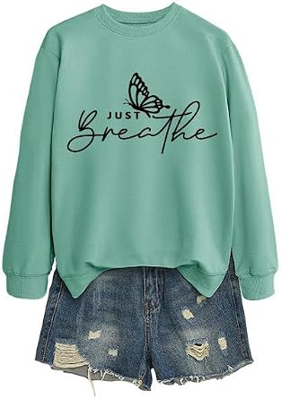 Sweatshirt Women Oversized, Just Breathe Butterfly Shirt Mindfulness Seekers Long Sleeve Crewneck Casual Comfy Tops