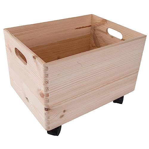 WooDeeDoo Large Wood Storage Box On Wheels | 40 x 30 x 29 cm | Organisation Wooden Crate | Plain Unvarnished Unpainted DIY