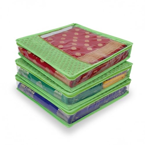 Image of Premium Saree covers for storage Pack of 3 Saree covers with zip transparent Saree bags Sequin Design Cloth organizer Cloth covers for packing Wardrobe organizer Saree pouch (Green, Pack of 3)