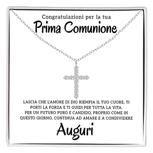 Collana Donna Croce Argento Sterling 925 Prima Comunione con Zirconia Cubica Placcatura in Oro, Bambina Regalo per lei Ragazza compleanno -...
