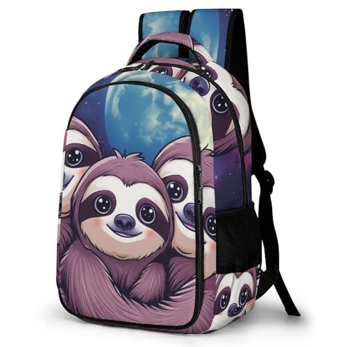 Unisex Backpack with Side Pockets, Women Men Durable Spacious Backpack, Full Moon Space Sloth Family Comfy Shoulder Bag for Travel, Daily Commuting