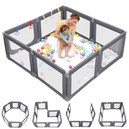 Image of Dripex Baby Playpen, 71 inchx69 inch Extra Large Play Pen for Babie, Grey | Foldable, Variable Shape, 8 Removable & Assemblable Panels, Breathable Visible Mesh, Indoor /Outdoor Use