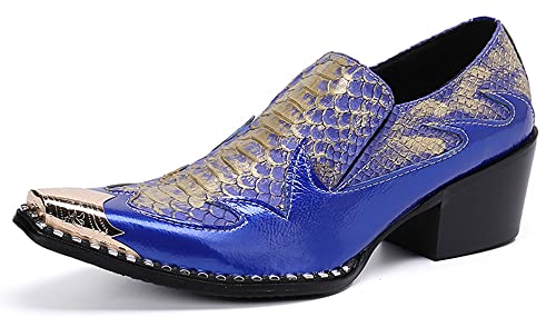 Santimon Dress Loafers for Men High Cuban Heel Slip On Graphic Snake Leather Lined Gold Cap Dancing Party Sleek Shoes2
