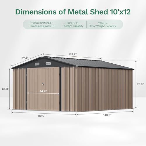 Image of Devoko 10x12 FT Outdoor Storage Shed with Galvanized Steel Floor Base, Metal Tool Shed with Slooping Roof for Garden Backyard Patio(Brown)