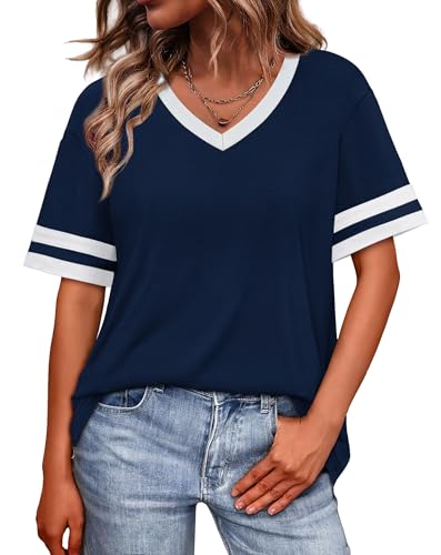 Image of WIHOLL Womens T Shirts Loose Fit Short Sleeve Tees V Neck Color Block Summer Tops 2026 Fashion S-4XL