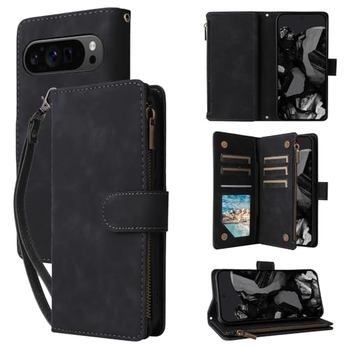 Étui portefeuille Google Pixel 10 Pro XL QLTYPRI en cuir noir avec 6 porte-cartes et zippé