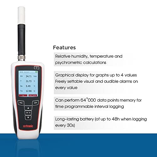 Monitor di temperatura e umidità (Intervallo: da -10 a 60 °C/da 14 a 140 °F) per strumentazione principale, HVAC, agricoltura e industria farmaceutica | Modello: ROTRONIC HP32 (con sonda)