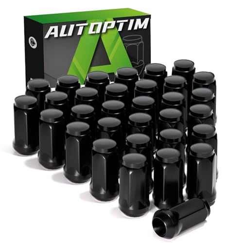 Image of AUTOPTIM M14x1.5 Lug Nuts - Replacement for Chevrolet Silverado, GMC Sierra 2500 3500 HD, Ford F250 F350, Ram 2500 3500 Aftermarket Wheel 32 PCs Black Closed End Bulge Acorn Skinny Long Lug Nuts