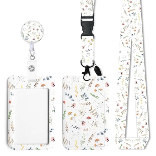 Porta Tarjetas Identificativas, Lanyard con Tarjetero Colgante, Cordón Retráctil, Para Tarjeta de Identificación, Llaves, Teléfono Móvil, Perfecto para Oficina Enfermera Estudiante (Plantas)