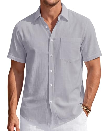 Image of J.VER Mens Linen Shirt Short Sleeve Button Down Casual Summer Shirts | Cotton Linen, Untucked, Big Tall, from Beach Camp Vacation, Cruise Fishing, Work Office, to Wedding Party Family, with Pocket