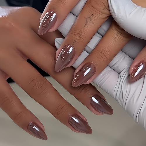 Brown Press On Nails Almond KQueenest Chrome Press On Nails Medium, Sparkle Gel Fake Nails Press on with Mirror Effect, Glitter Glue on Nails Medium, Reusable Stick On Nails for Women Fall Win...