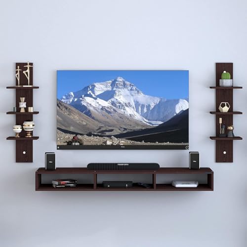 Image of Furniture Cafe Wall Mounted Floating TV Unit with Side Wall Shelves - Modern Wooden Entertainment Center for Set-Top Box, Router, Speakers & Decor (Brown)