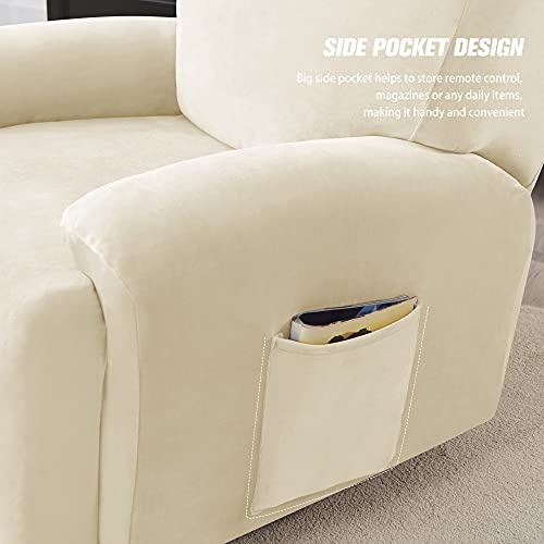 Pendejato Stretch Recliner Covers, 4-Piece Ultra Soft Velvet Recliner Chair Slipcover Single Seat Couch Cover Furniture Protector With Pocket (Beige) #TOP3