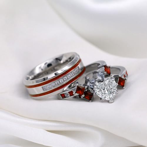 Couple Rings His Her Wedding Ring Set for Him and Her Matching Rings 1CT Heart AAA CZ Red Ring2