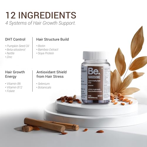 Image of Be. Handsome Biotin Tablets for Hair Growth & Beard Enhancement for Men | B12 Vitamin Tablets with Pumpkin Seed Oil, Sesbania Extract & Vitamins | Hair & Beard Health | 60 Veg Capsules | 30 Day Supply