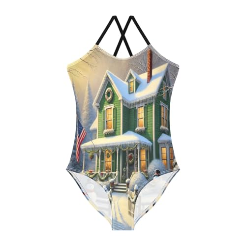 House Snowman Flag Girls Bathing Suit Swimsuit Summer Beach Swimwear One Piece Swimsuits