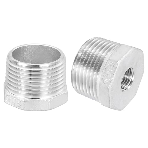 Image of uxcell 2Pcs 1 inch Male to 1 /4 inch Female NPT 304 Stainless Steel Reducer Hex Bushing, Reducing Cast Pipe Adapter Fitting for industrial, oil /gas, water, HVAC, and plumbing systems