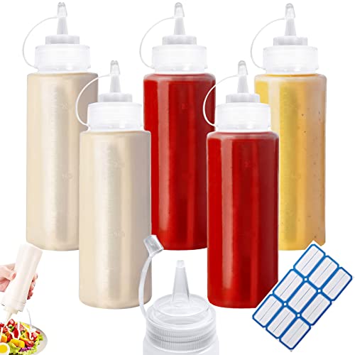 Plastik Squeeze Flasche, 5 Stück 240ml Sauce Flaschen, Dosierflasche, Condiment Flaschen, Soßenflaschen, Quetschflasche mit Kappen, BPA Frei & Kein Leck, für Ketchup,Senf,Mayo,Soßen,Olivenöl