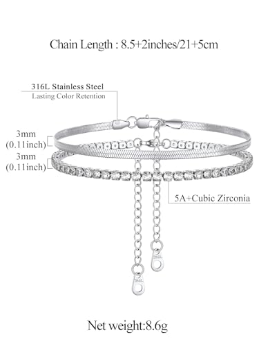 Image of FindChic Black /Silver /Gold Plated Anklets Set of 2PCS /3PCS Herringbone Chain Cuban Link Heart Charm Sparkling Tennis Ankle Bracelets, Waterproof Summer Foot Jewelry for Beach