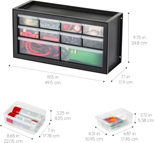 Image of IRIS USA 10-Drawer Organizer (2 Pack), Made in USA, Teacher Toolbox, Plastic Storage Drawers, Stackable Organizer for Hardware, Small Parts, Craft, Bead, Screw, Nut and Bolt, Building Bricks, Black