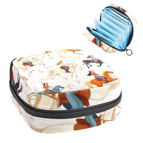 Sanitary Napkin Storage Bag for Women Cute, Feminine Menstruation Pad Holder for Period, Portable Zipper Menstrual Pad Bags Vintage Wild West Women Cowgirls Rodeo Pattern