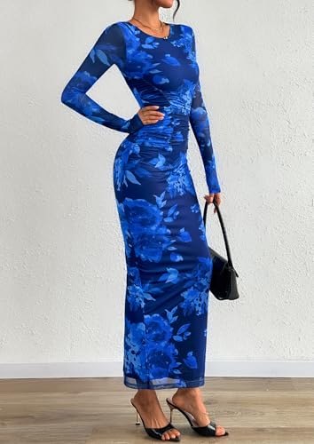 PRETTYGARDEN Fall Wedding Guest Dresses for Women 2025 Long Sleeve Ruched Sexy Bodycon Floral Mesh Cocktail Party Maxi Dress