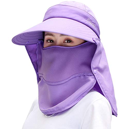 Image of Women Wide Brim Face Mask Sun Hat Detachable Neck Face Flap Ponytail UV Protection Visor Hat Garden Fishing Hiking