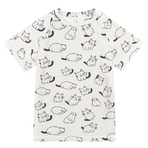 ALAZA Kids Rash Guard Boys Toddler Swim Shirts Short Sleeve White Cat Print UPF 50+ 3T