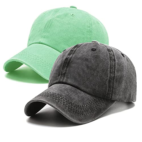 PFFY 2 Packs Vintage Washed Distressed Baseball Cap Dad Golf Hat Black+LightGreen, Black+lightgreen(washed), One size