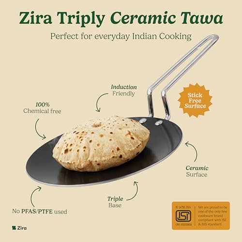 Image of Zira Triply Ceramic Roti Tawa for Cooking 25.5cm | Triply Tawa for Roti | Stick Free Ceramic Surface | Chemical Free Cookware | Induction & Gas Compatible | Even Heat| Dishwasher Safe | ISI Certified