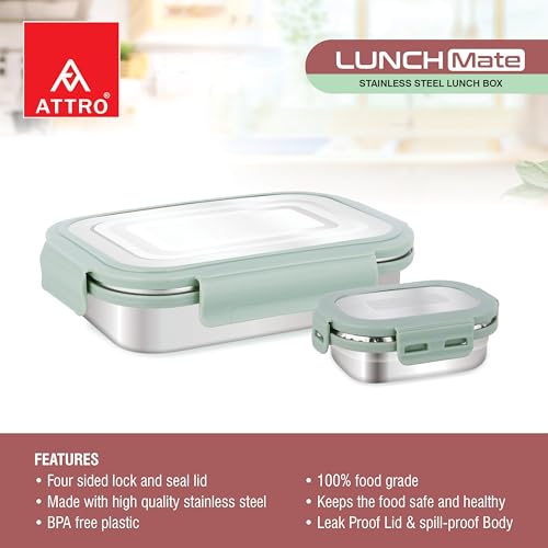 Image of ATTRO Lunchmate Stainless Steel Airtight Leak-Proof Lunch Box for Office, School, Picnic, 800 Ml - Green