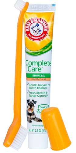 Image of Arm & Hammer Complete Care Dental Gel Dog Toothbrush Kit, Includes Gel Toothpaste, Toothbrush, and Finger Brush, Baking Soda Enhanced, Fluoride Free, Chicken Flavor, 2.5 Oz