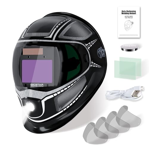 Welding Helmet Panoramic View Auto Darkening True Color Large Viewing 4 Arc Sensors Solar/Rechargeable Battery Welder Mask with LED Lighting for TIG MIG ARC