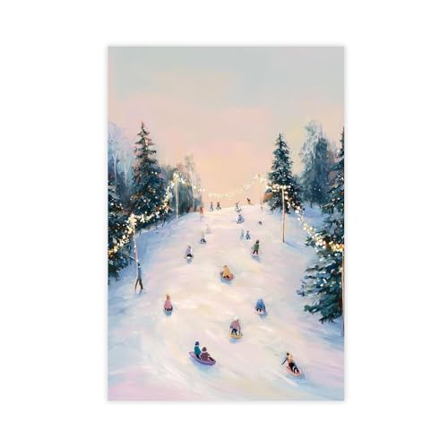 Kroey Winter Sledding Scene Art Print Snowy Landscape, Kids on