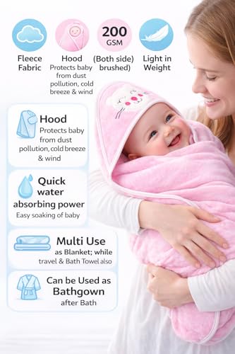 Image of BRANDONN Ultra Soft Polar Fleece Baby Hooded Blanket with Premium Embroidery, 200 GSM All-Weather Newborn Wrapper, Bath Towel White Piping Stitch, 24 x 30 Inches, 0-6 Months, Pink, Sky, Mango