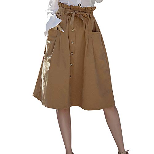 Womens Casual Front Button A-Line Skirts High Waisted Pleated Midi Skirt with Pockets
