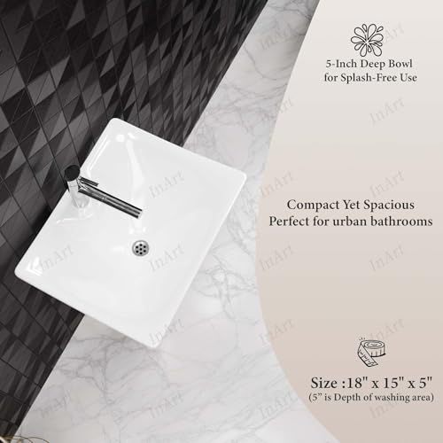 Image of InArt One Piece Ceramic Design Pedestal Free Standing Rectangular Wash Basin for Hall And Bathroom (18 x 15 x 32 Inch, White)
