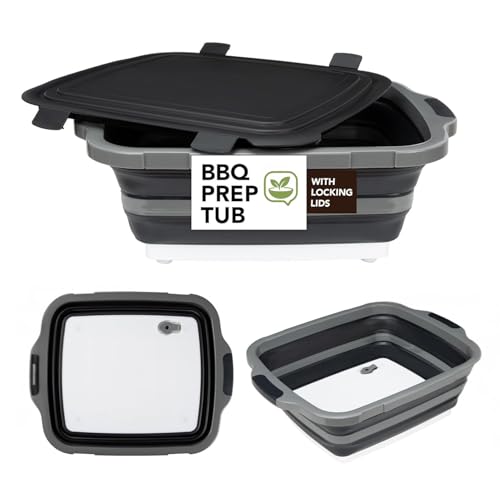 Verdvoca Collapsible BBQ Prep Tub with Cutting Board & Locking Lid, Portable Wash Basin for Outdoor Camp/Tailgate & Competition, Dishwasher-Safe Marinating Container, BPA-Free, 16L Black