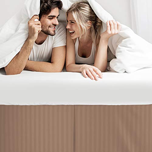 Image of Nestl Twin Bed Skirt - Damask Dobby Stripe Wrap Around Bed Skirt - Double Brushed Microfiber 14 in Tailored Drop Pleated Bed Ruffle with Bed Skirt Pins - Taupe