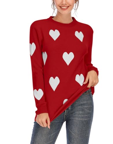 shermie Women's Cute Heart Knit Sweater Long Sleeve Crew Neck Loose Casual Pullover Sweaters Red Small