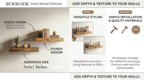 Image of Solid Wood Floating Wall Shelves | Rustic Wooden Display Shelves for Living Room, Bedroom, Kitchen & Bathroom | Heavy Duty Wall Mounted Shelves (9 Inches, 4 Shelves)