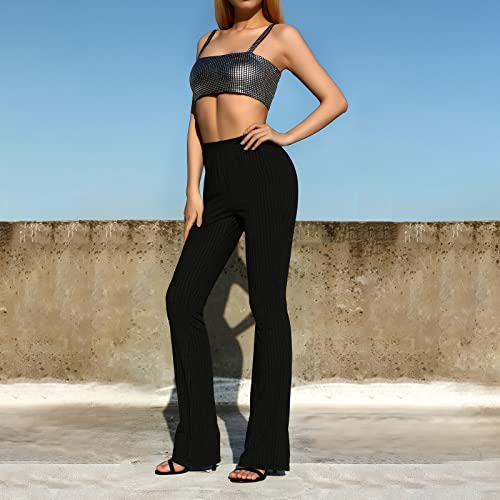 Women Summer Sexy Close-Fitting Flared Pants Solid Color High Waist Stretch Thread Trousers3