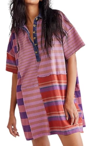 Image of NUFIWI Y2K Striped Shirt Mini Dress for Women Oversized Stripe Tunic Tshirt Dresses Short Sleeve Buttons Loose Fit Tee Dress